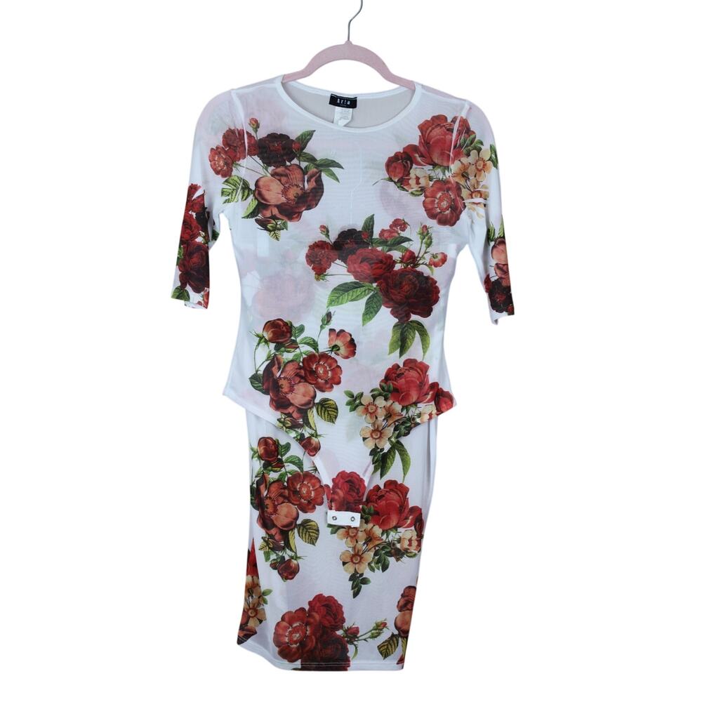NWT Aria 2 Piece Set‎ White Floral Sheer Mesh Body Suit & To Knee Pencil Skirt M